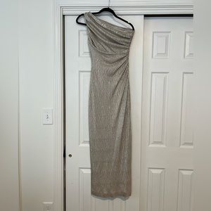 One shoulder evening gown, gold, size 2.
